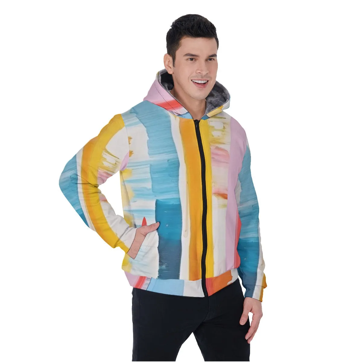 All-Over Print Men's Sherpa Fleece Zip Up Hoodie, White , yellow , blue, pink abstract print, #25X