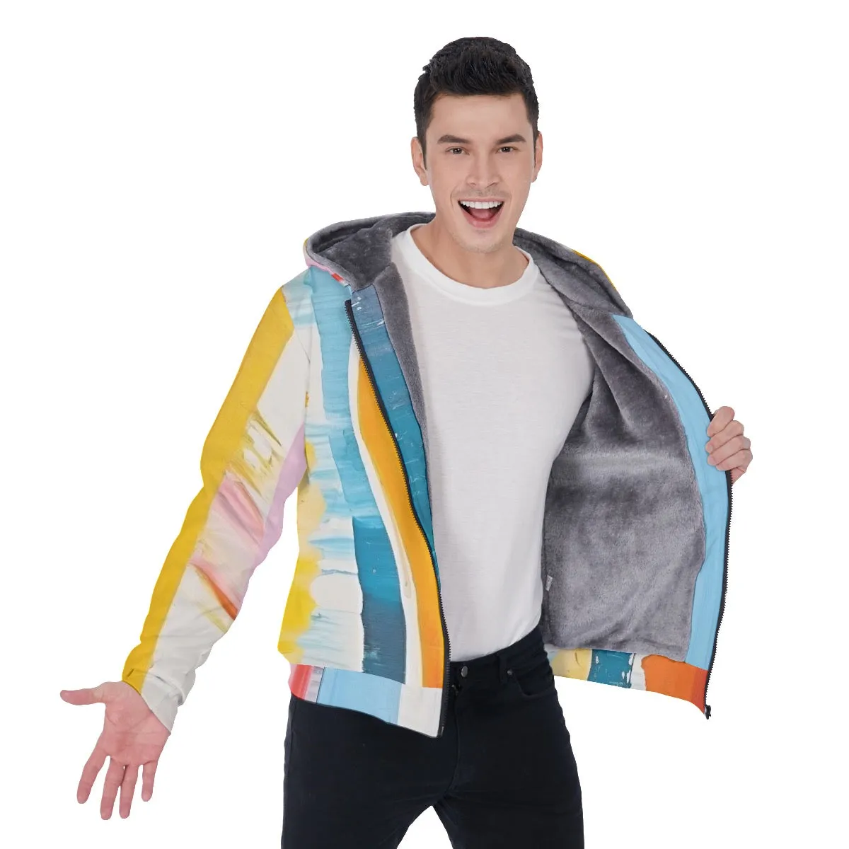 All-Over Print Men's Sherpa Fleece Zip Up Hoodie, White , yellow , blue, pink abstract print, #25X