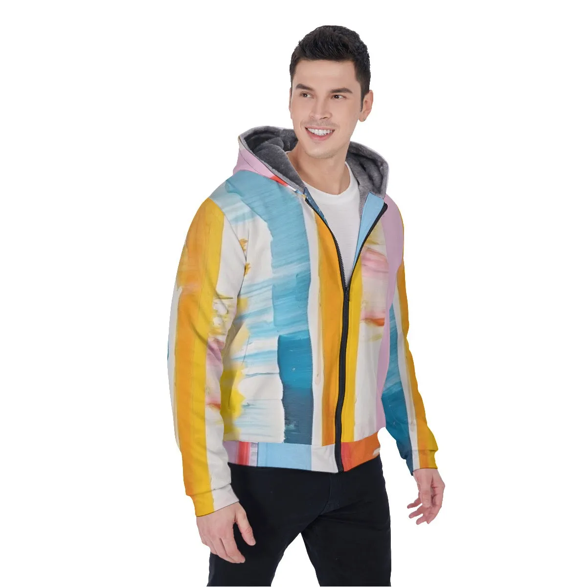 All-Over Print Men's Sherpa Fleece Zip Up Hoodie, White , yellow , blue, pink abstract print, #25X