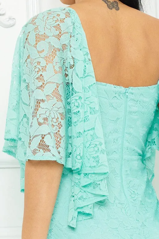 Aqua Lace Cape Sleeve Mini Dress