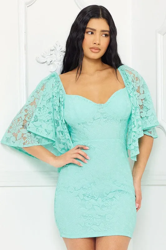 Aqua Lace Cape Sleeve Mini Dress