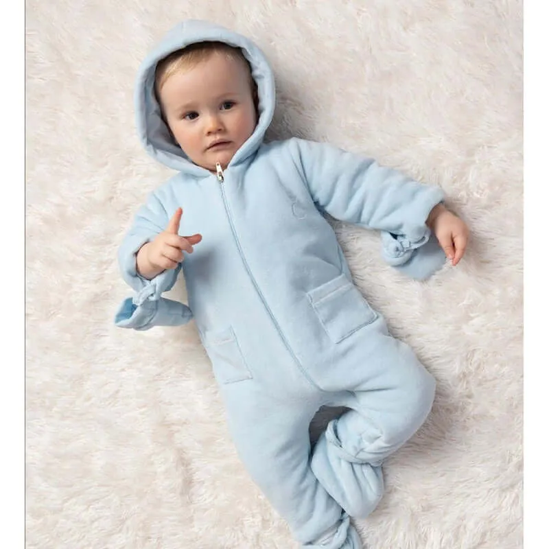 Baby Boys Blue Velour Snowsuit With Booties And Mittens