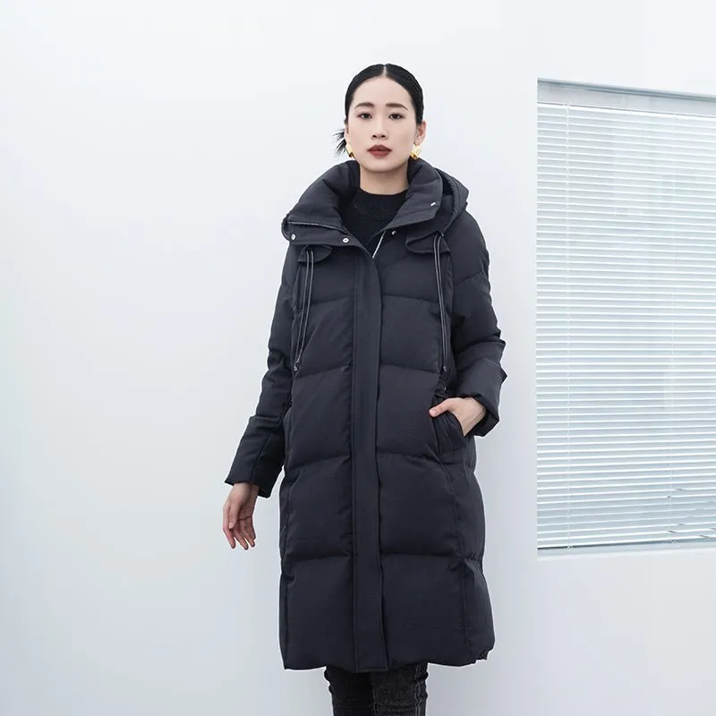 Black Long Hooded Stand Collar Down Jacket