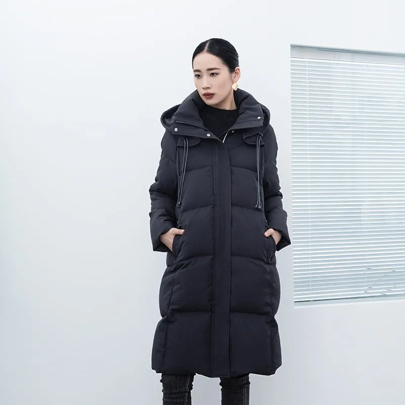 Black Long Hooded Stand Collar Down Jacket