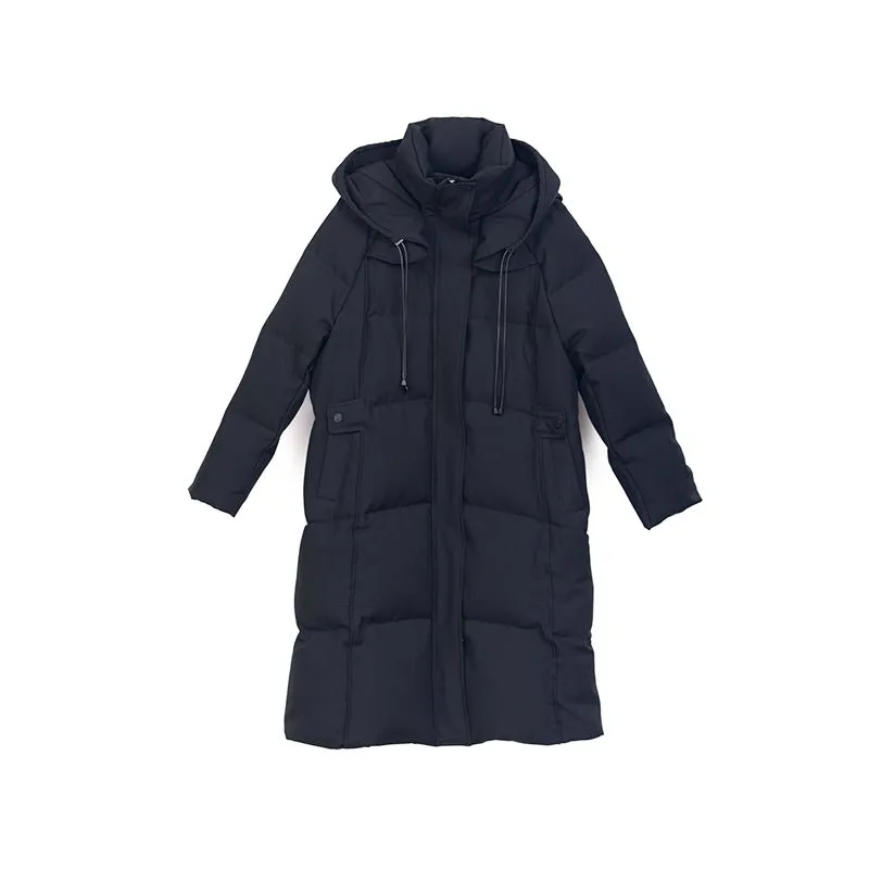 Black Long Hooded Stand Collar Down Jacket