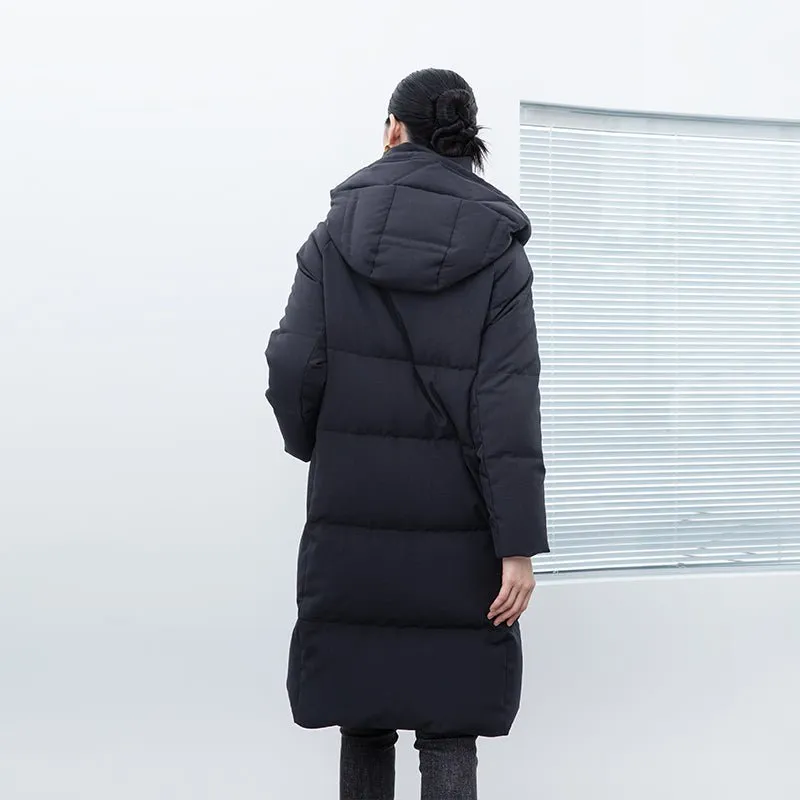 Black Long Hooded Stand Collar Down Jacket