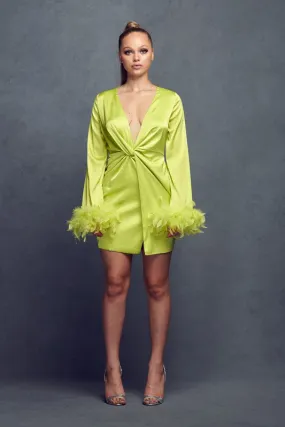 Chartreuse Satin Feather Trim Mini Dress