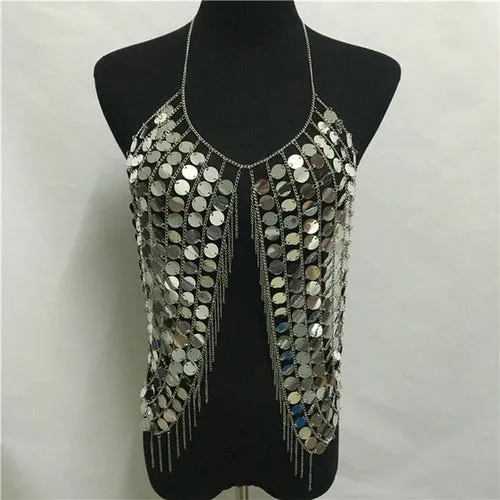 Festival Bling Plastic Sequined Crop Tops Women 2019 Sexy Metal Chain