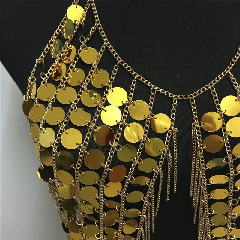 Festival Bling Plastic Sequined Crop Tops Women 2019 Sexy Metal Chain