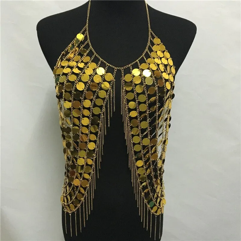 Festival Bling Plastic Sequined Crop Tops Women 2019 Sexy Metal Chain