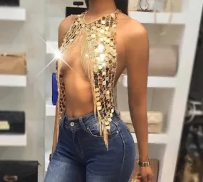 Festival Bling Plastic Sequined Crop Tops Women 2019 Sexy Metal Chain