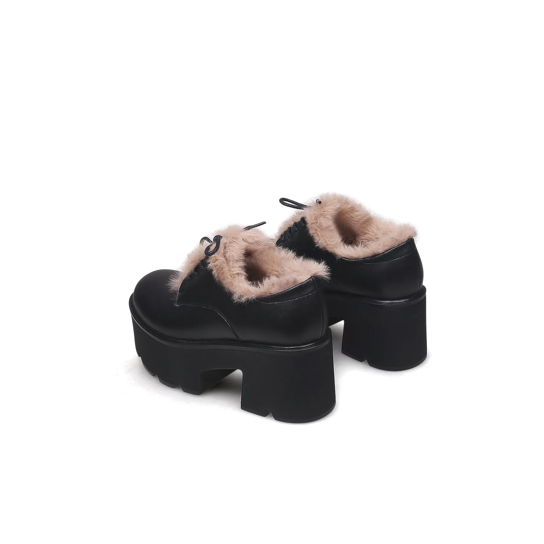 Fur Lined Black Platform Leather Shoes