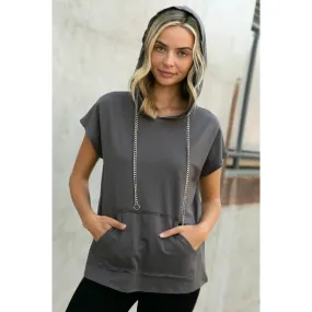 Hoodie Short Sleeve Top with Chains Charcoal