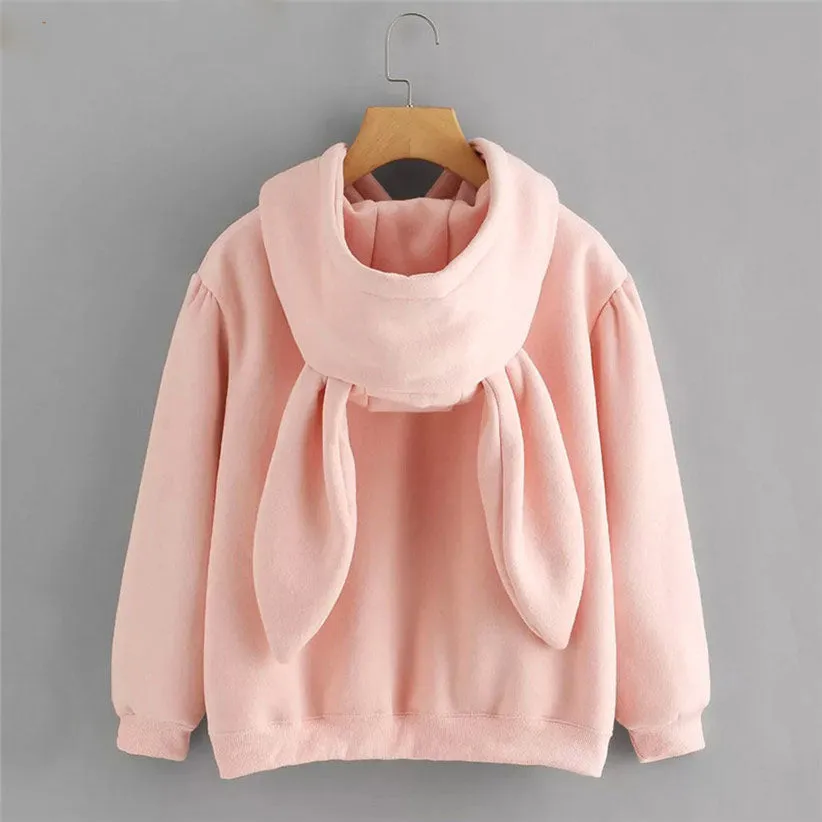 Hoodies Rabbit Ear sudadera kawaii Sweatshirt Women Winter Warm Pink Hoodies