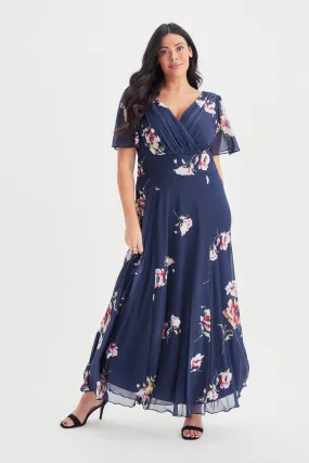 Isabelle Navy Flower Float Sleeve Maxi Dress