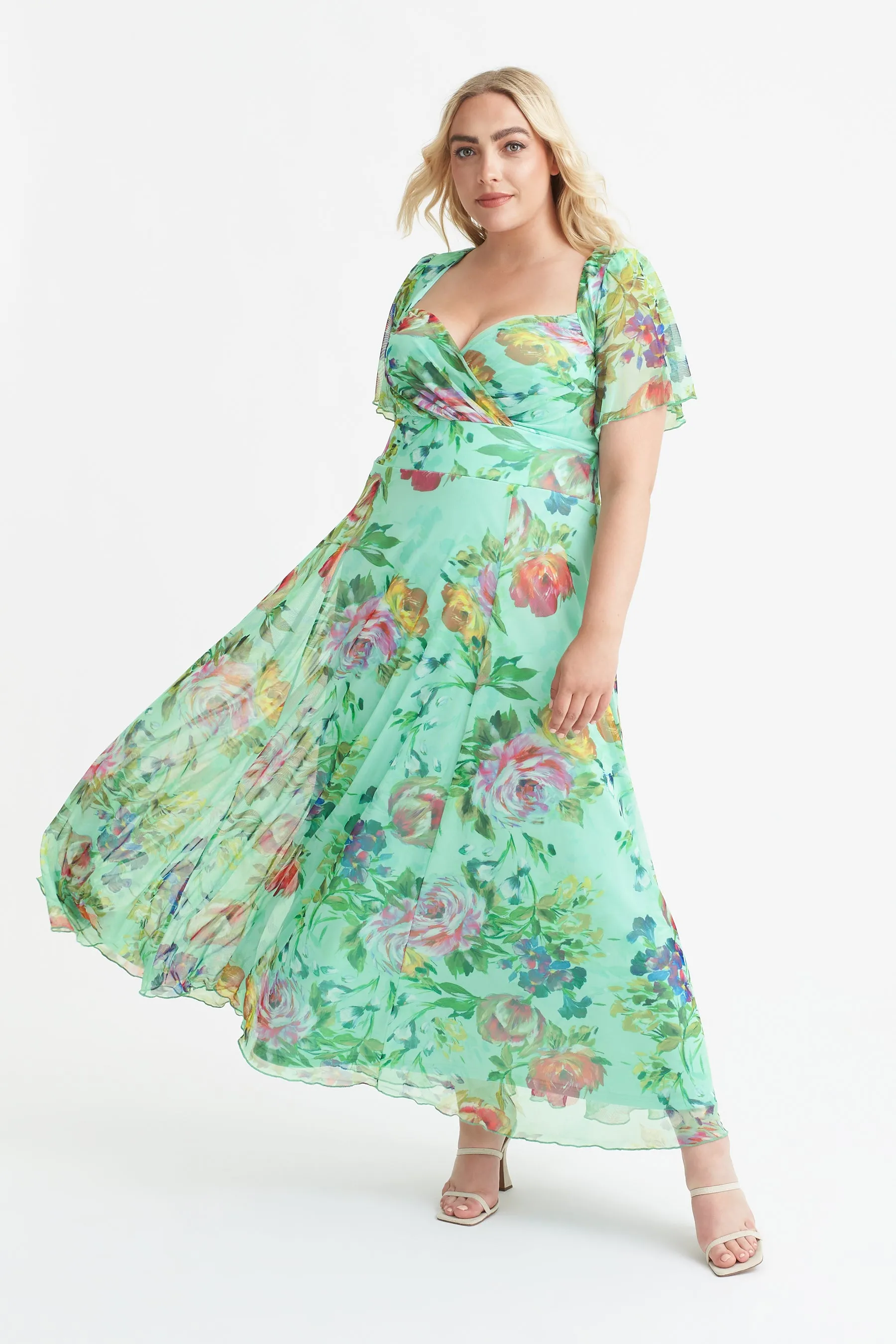 Kemi Green Multi Print Bolero Wrap Bodice Maxi Gown