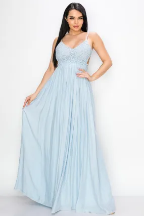 Light Blue Maxi Dress Crochet Upper Body Open Back Elastic