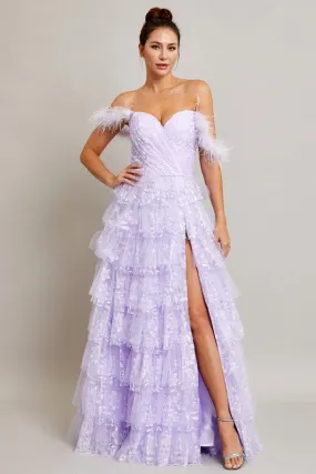 Lilac Off Shoulder Sweetheart Feather Applique Tier Dress