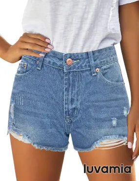 luvamia Women's Mid Rise Ripped Denim Shorts Frayed Raw Hem Casual Jeans Shorts