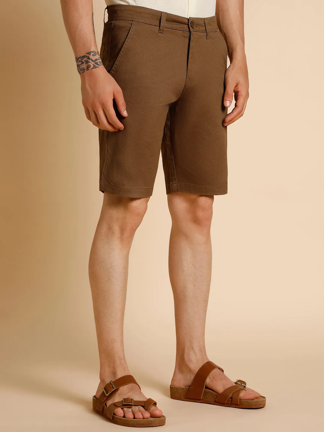 Men's Brown Solid Cotton Shorts