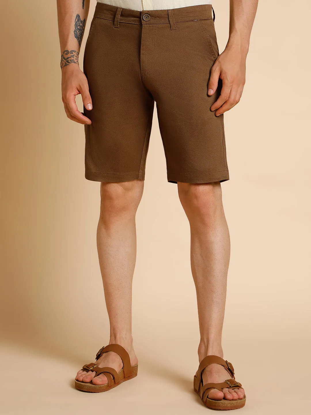 Men's Brown Solid Cotton Shorts