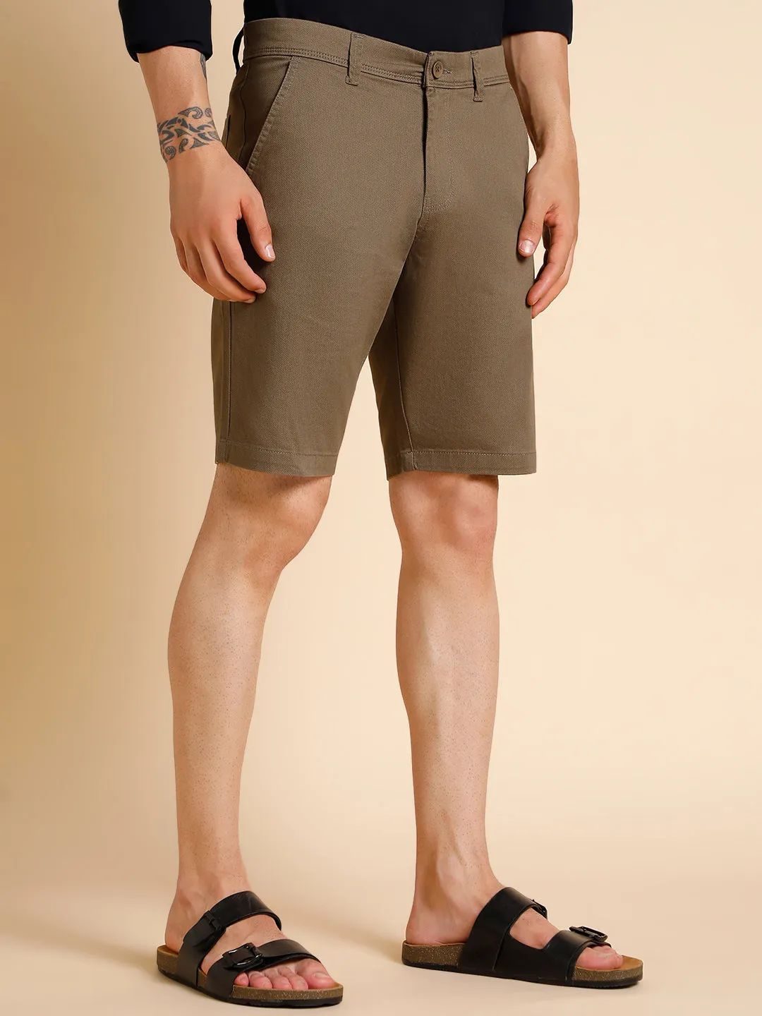 Men's Khaki Solid Cotton Shorts