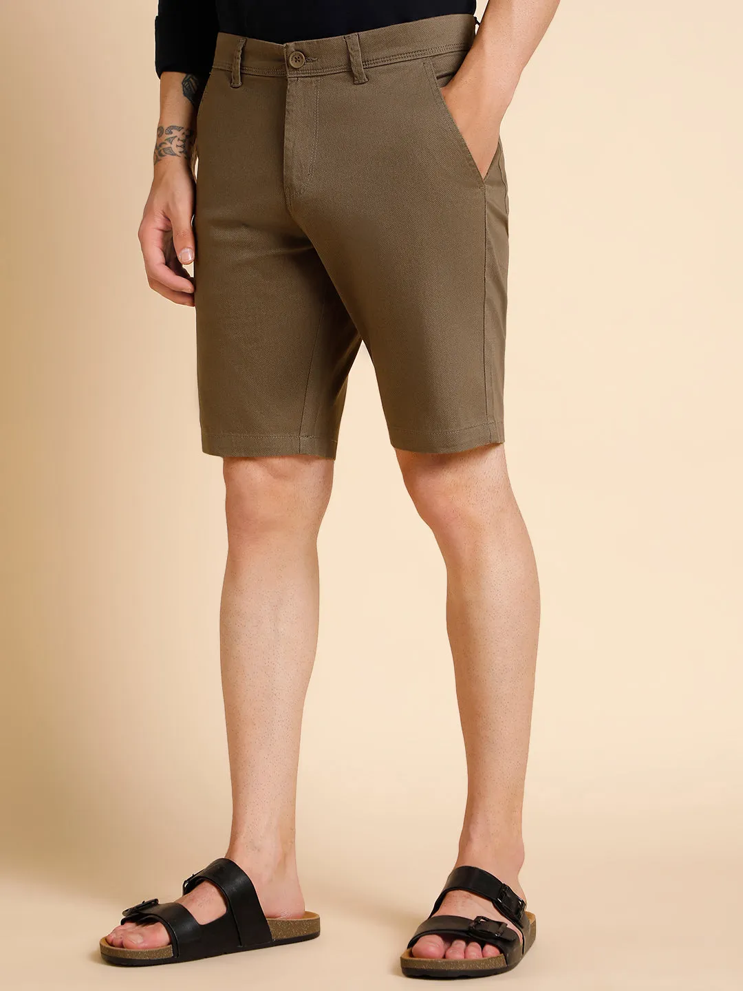 Men's Khaki Solid Cotton Shorts