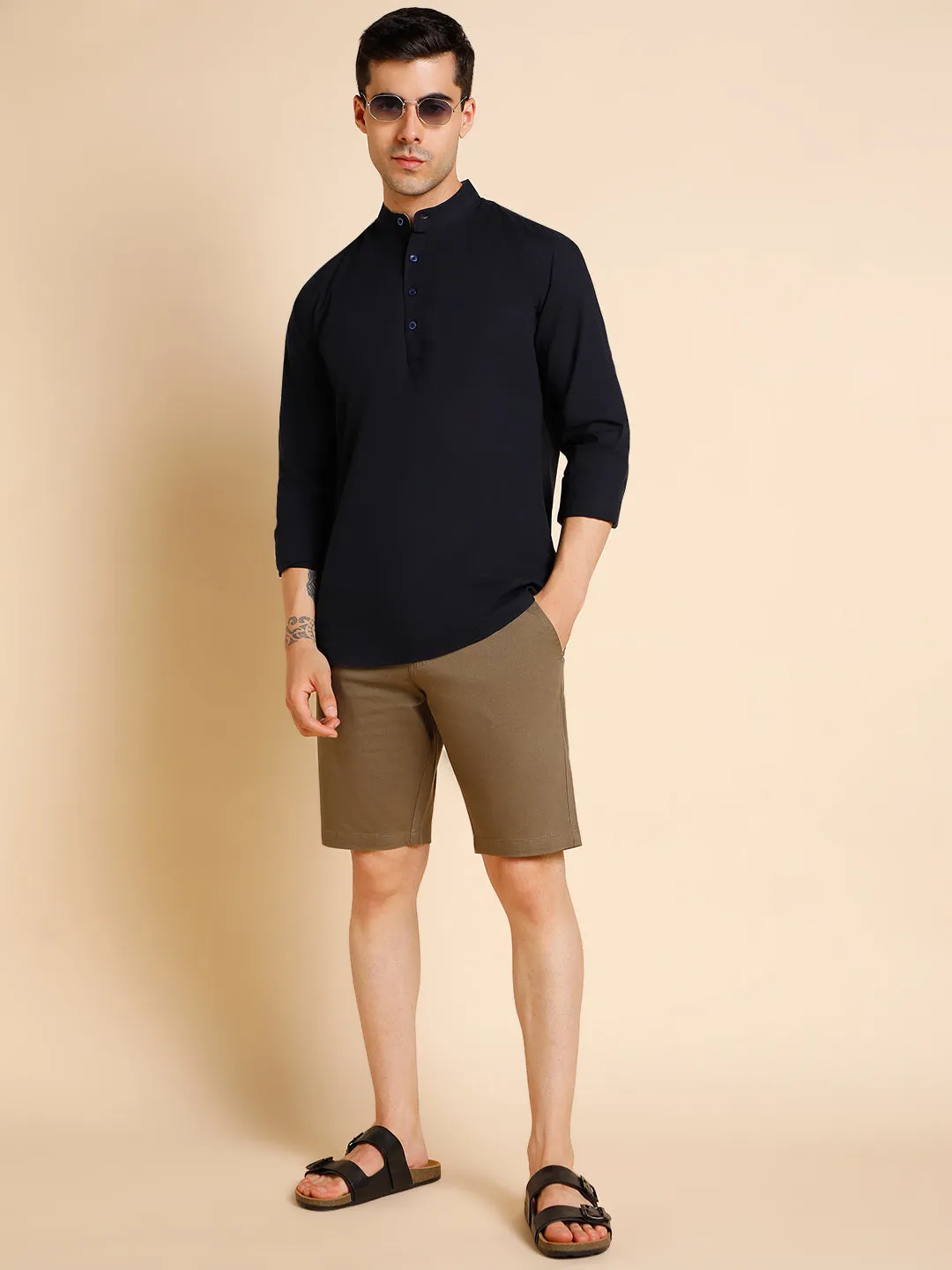 Men's Khaki Solid Cotton Shorts