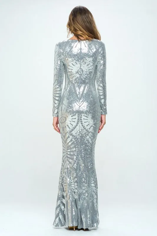 Silver Long Long Sleeve Sequined Evening Dress