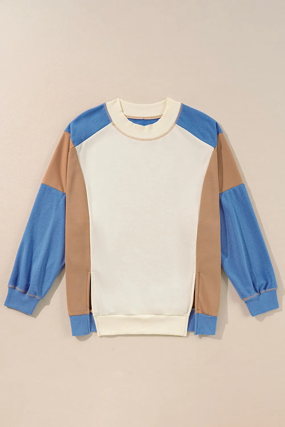 Slit Color Block Round Neck Long Sleeve Sweatshirt