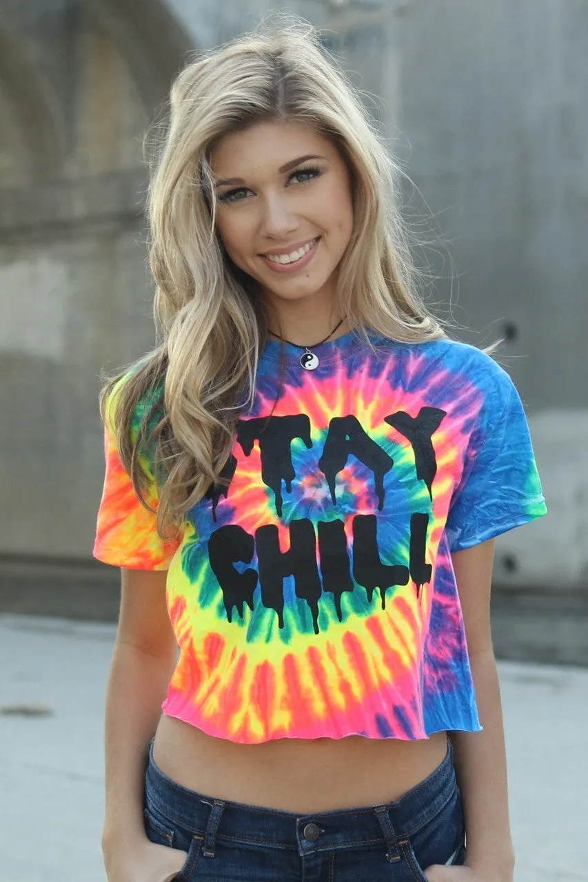 STAY CHILL Neon Rainbow Tie-Dye Graphic Unisex Crop Top