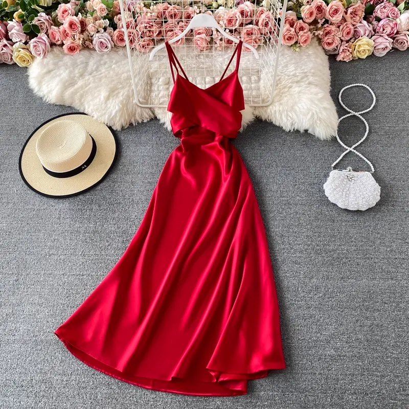 Summer Elegant V Neck Spaghetti Strap Satin Evening Dress 1508