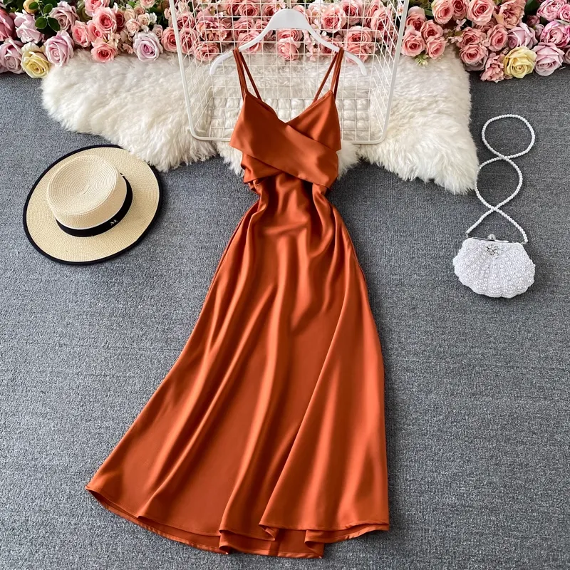 Summer Elegant V Neck Spaghetti Strap Satin Evening Dress 1508