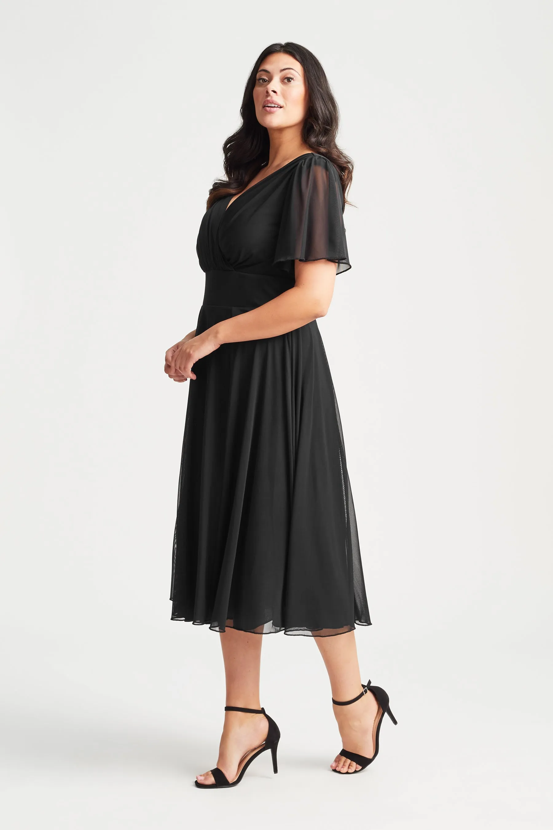 Victoria Black Angel Sleeve Mesh Midi Dress