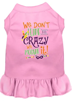 We Don't Hide The Crazy Screen Print Mardi Gras Dog Dress Light Pink Med